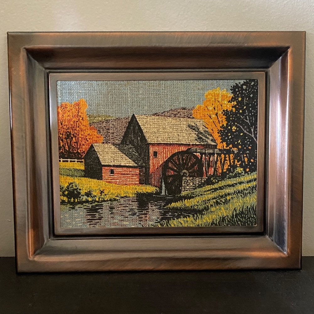 Coppercraft Guild Linen Art Fall Autumn Country Mill Vintage Copper Frame 11”x9”